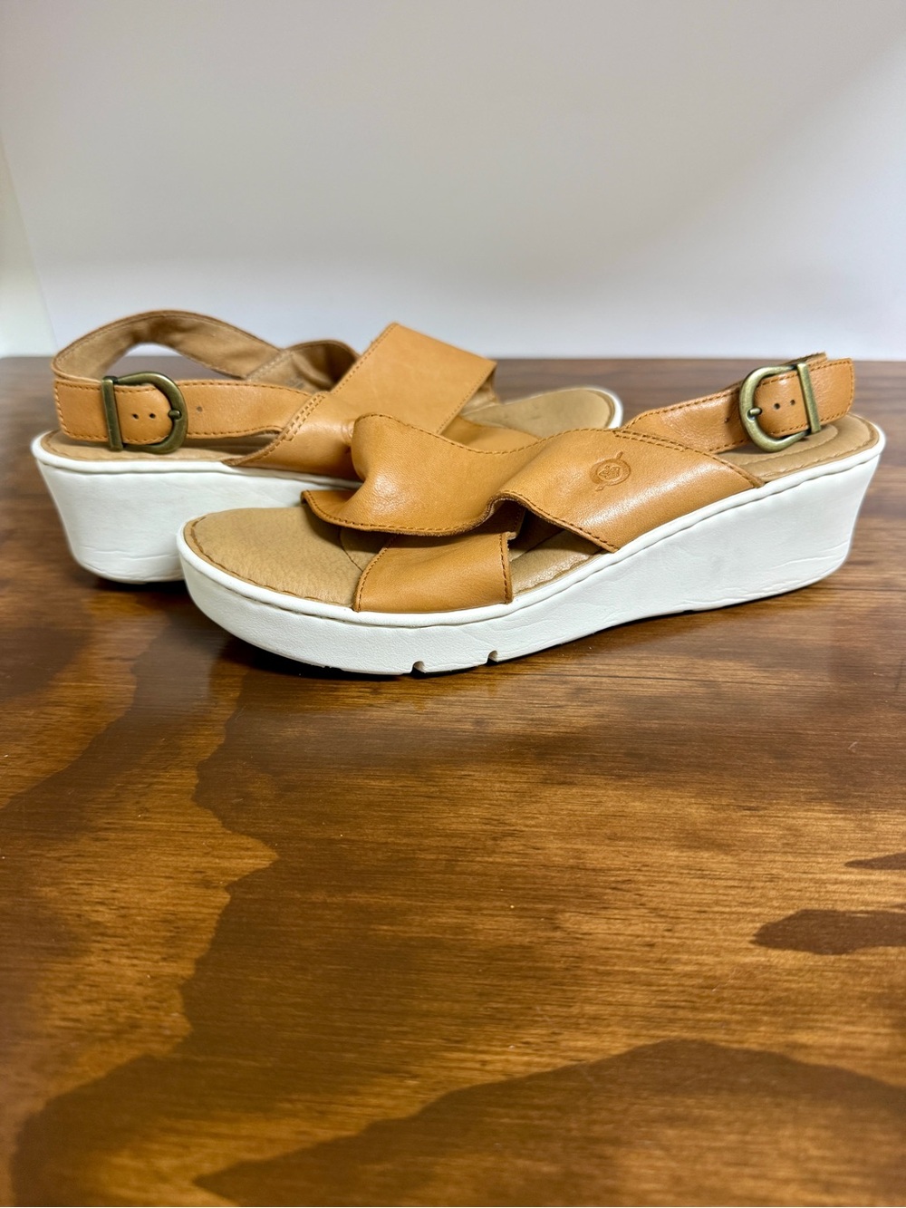 Born Tan Leather Slingback Wedge Sandals with White Sole